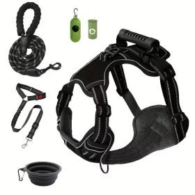 Tactical Service Dog Harness Strap Set, Car Seat Belt, Collapsible Bowl, Biodegradable Trash Bag Set For Dogs (Option: Black-M)
